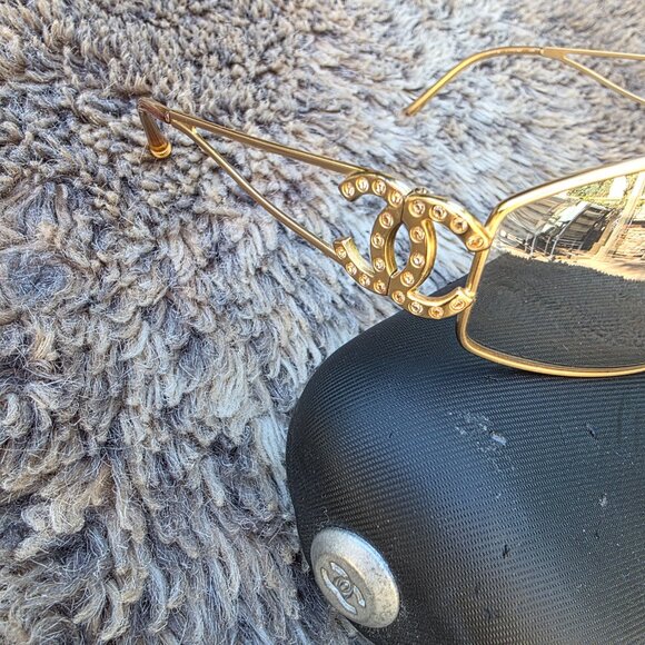 Authentic Chanel Gold Sunglasses crystal CC main image 8